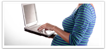 pregnant woman typing on a laptop - Register to have my baby at Inova Fairfax Hospital