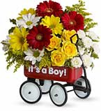 a tiny red wagon with flowers in it, and the words It's a Boy written on the side
