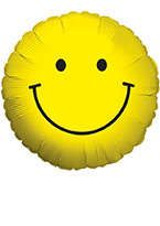 a cheerful yellow round mylar balloon with a smiley face