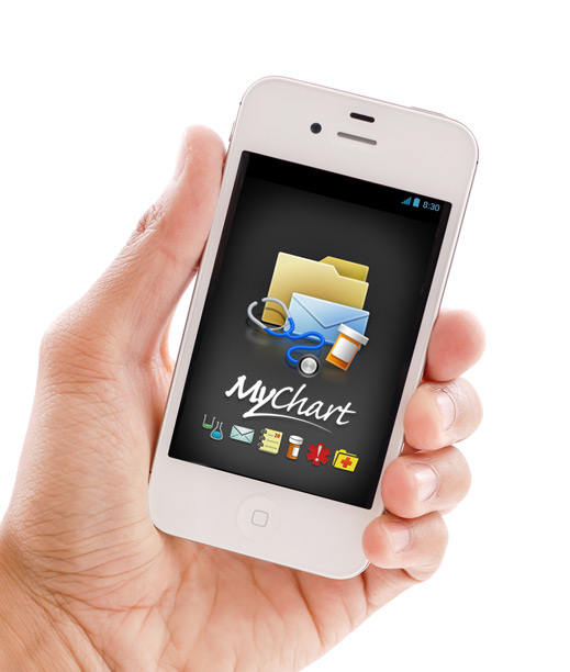 a person's hand holding an iPhone with the MyChart home screen