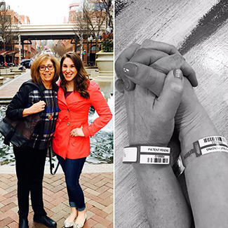 Mom and daughter standing side by side, and a picture of them holding hands in the hospital with their hospital bracelets