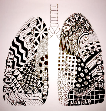 pen and ink doodle of the lungs with a patchwork of designs and loved ones' names