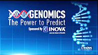 DNA helix strand and the words 'Genomics: The power to predict'